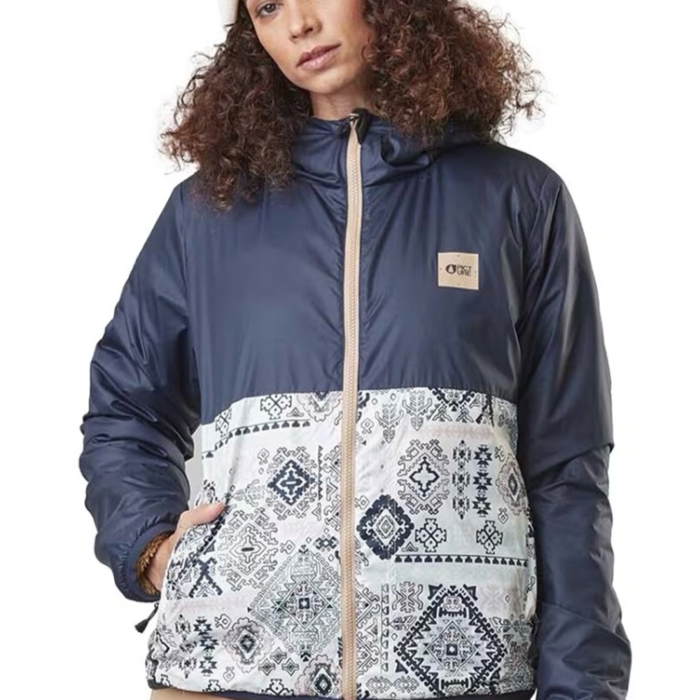 NWT PICTURE Navy/Tan Color Block Reversible Hooded Sherpa Fleece Posy Jacket, L